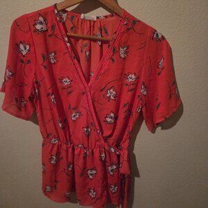 Red wrap floral shirt